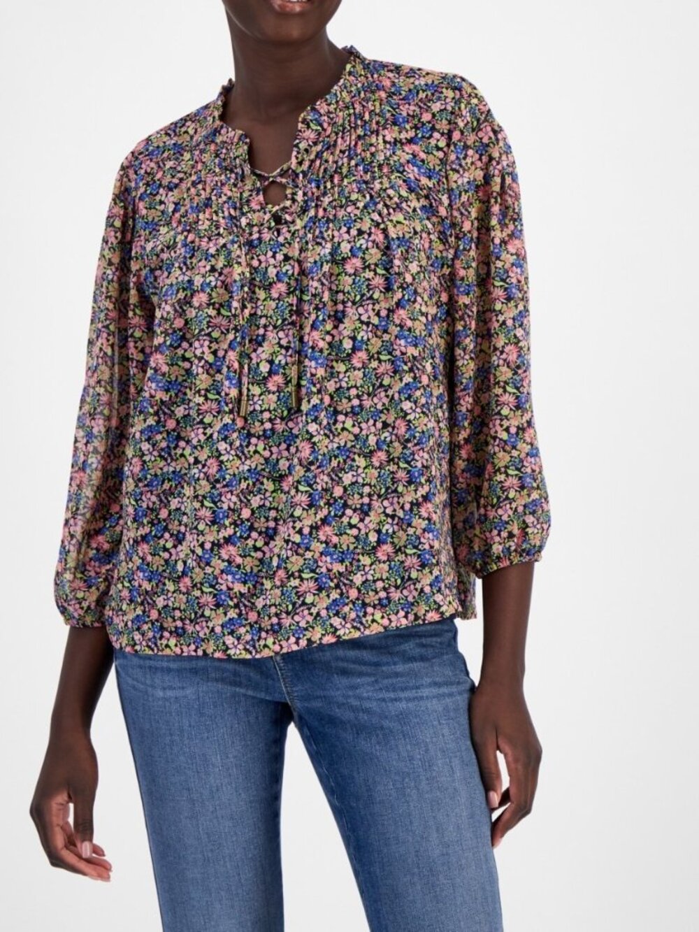 Nautica Women's Size XS Floral Lace Up Pintuck 3/4 Sleeve Blouse NEW